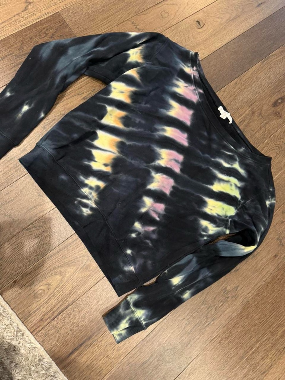 Spiritual Gangster Black Tie-Dye Off Shoulder Sweatshirt Yellow & Pink Accents